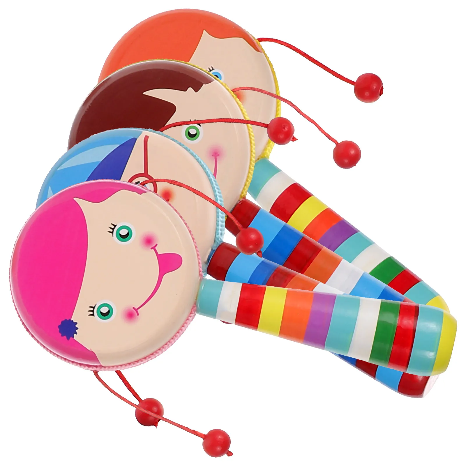 

4 Pcs Rattle Drum Toys for Toddlers Baby Musical Wood Rattles Wooden Polyester Cartoon Printing Hand Infant
