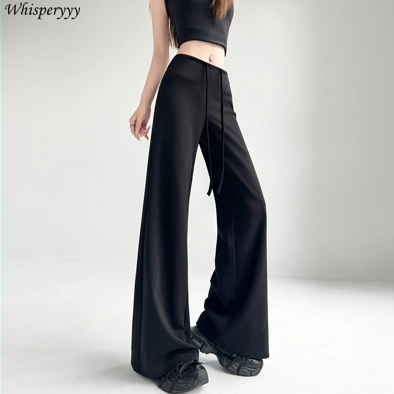 Spring Summer Casual Straight Sweatpants Women Clothing Front Pocket Wide Leg Pants Female Loose Solid Color Drawstring Trousers