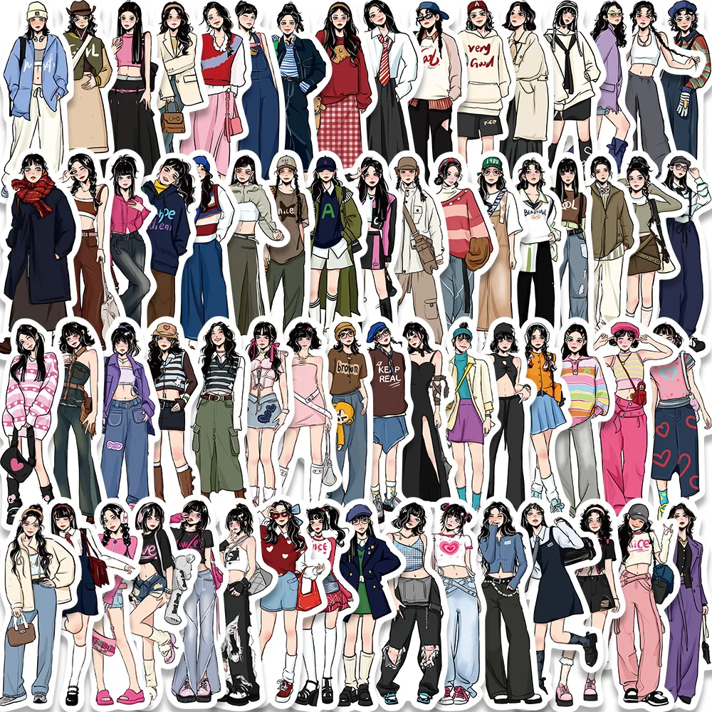 65PCS Y2K Modern Girl Outfit Looks Hand-painted Cute Stickers Scrapbooking Stationery Diary Planner Decorative Sticker Toy