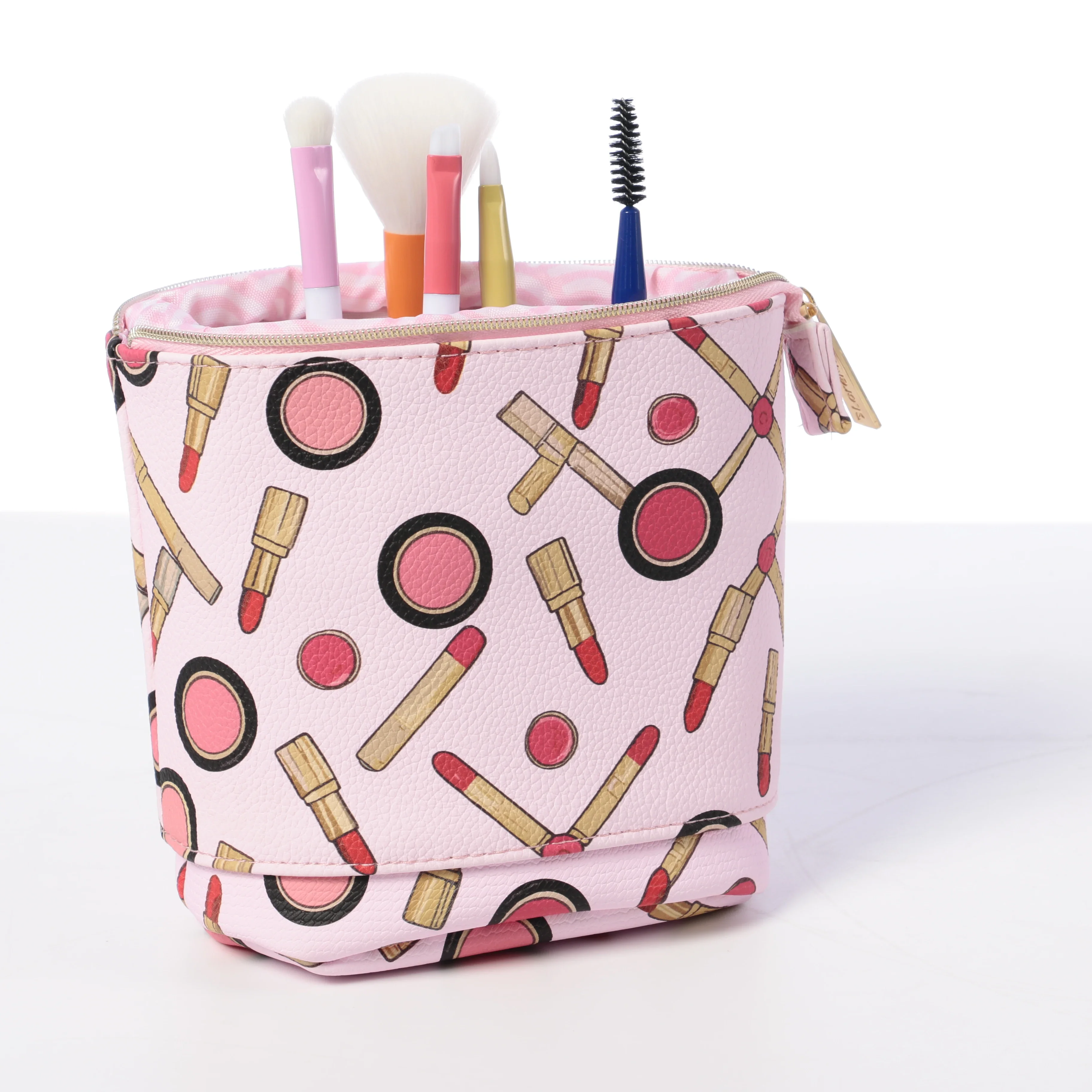 Adjustable Height Stand-Up Cosmetic Organizer, Portable Makeup Brush Holder and Travel Storage Bag, Pink Brushes Print Cosmetic Pouch, Comes with 5-Piece Makeup Brush Set for Vanity Desktop & Travel Use