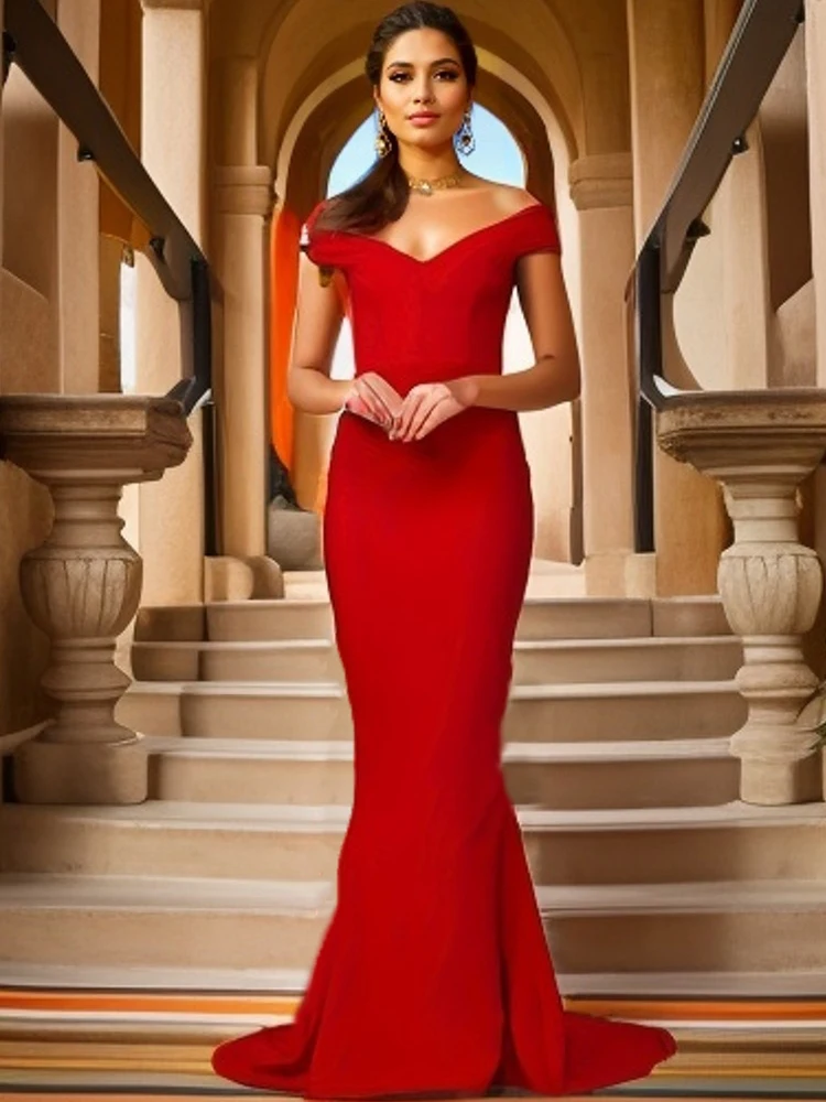 Romagic Off Shoulder Formal Evening Party Dress Elegant Red Stretchy Low Cut Padded Mermaid Backless Wedding Ball Gown Summer