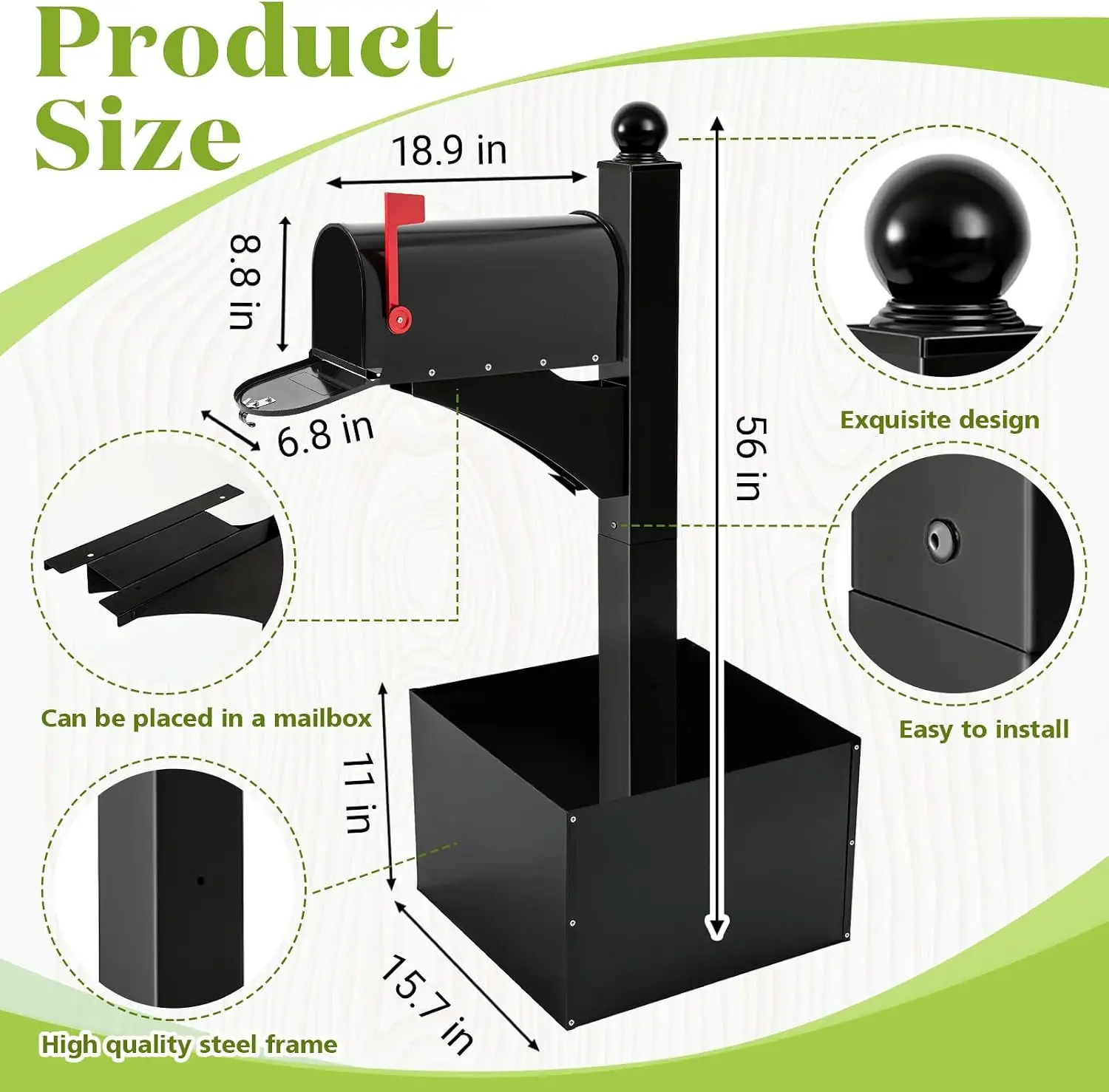 Black Iron Mailbox Posts with Mailbox and Planter Box for Outside Decorative Ground Mounting Post 56 Inch / 4.6 ft Tall Heavy Du