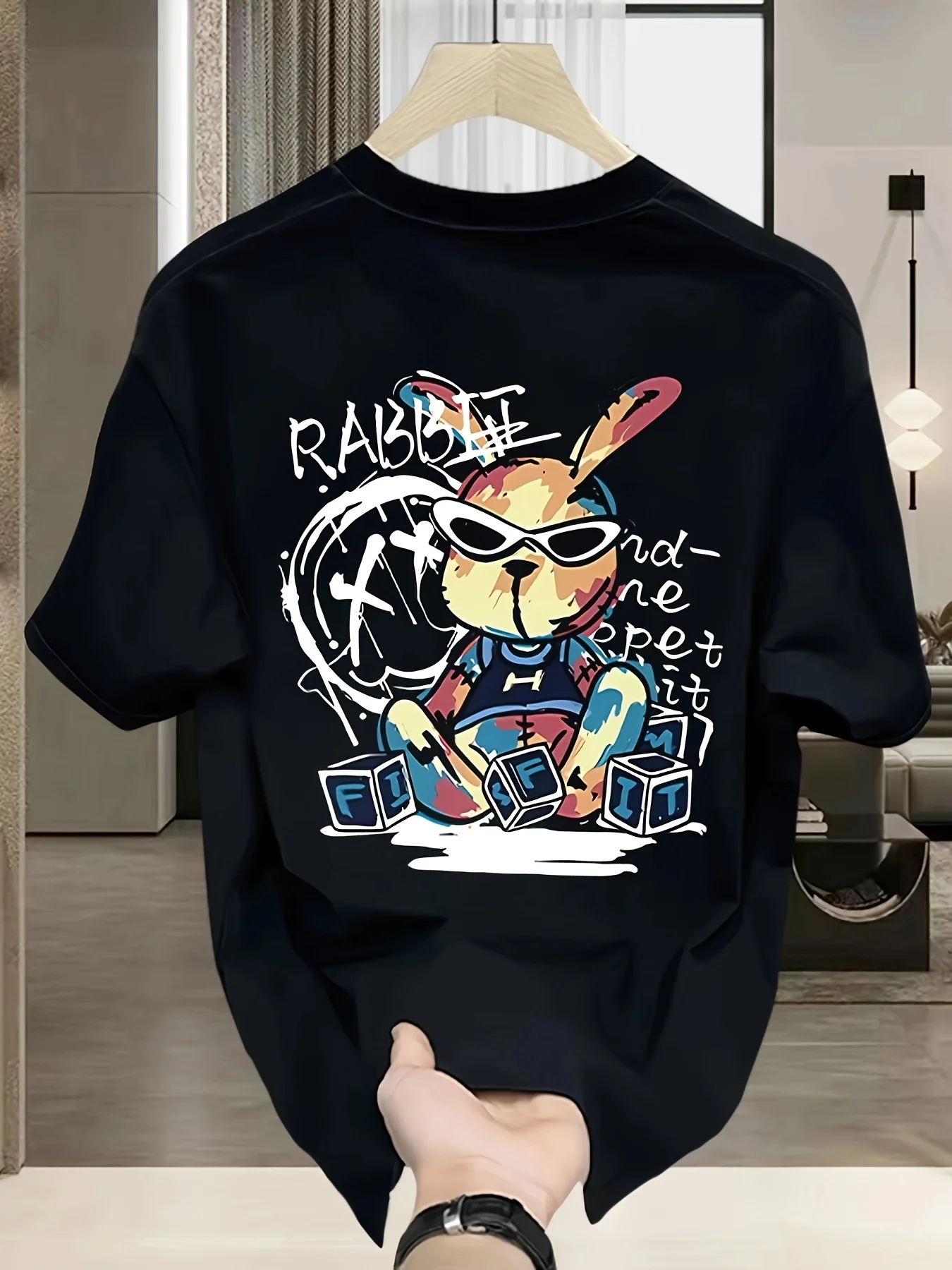 Men's summer 100% pure cotton fashionable casual loose black rabbit cartoon pattern printed round neck short sleeved T-shirt top image 2