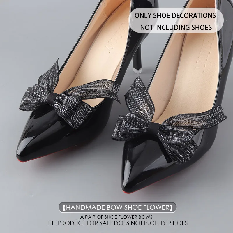 A Pair Black Silver Bow Shoe Flowers, Detachable Versatile Shoe Clips, Suitable For High Heels, Wedding Party Shoe Accessories