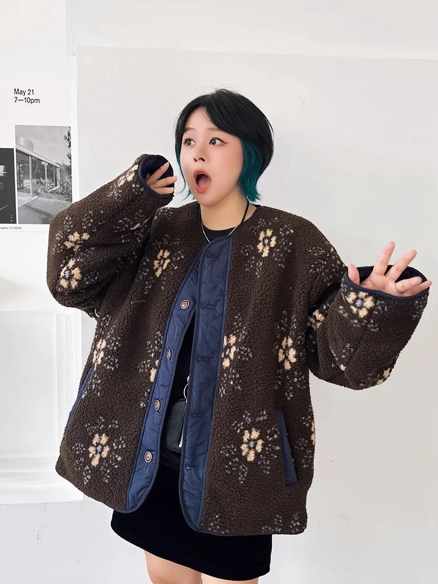 

Ladies Casual Double-Sided Wear Lamb Fur Cotton Jaet Floral Print Korean Sle Loose Fit Commute Faion Winter Coat