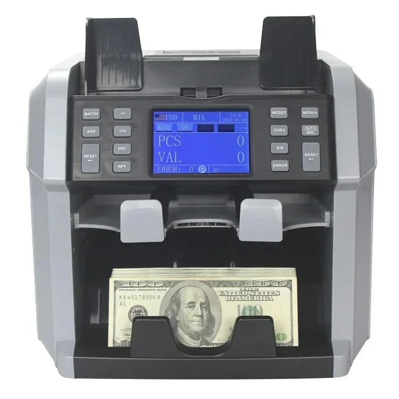 Mixed-denomination banknote counter with touchscreen and built-in printer; supports multi-currency counting and sorting.