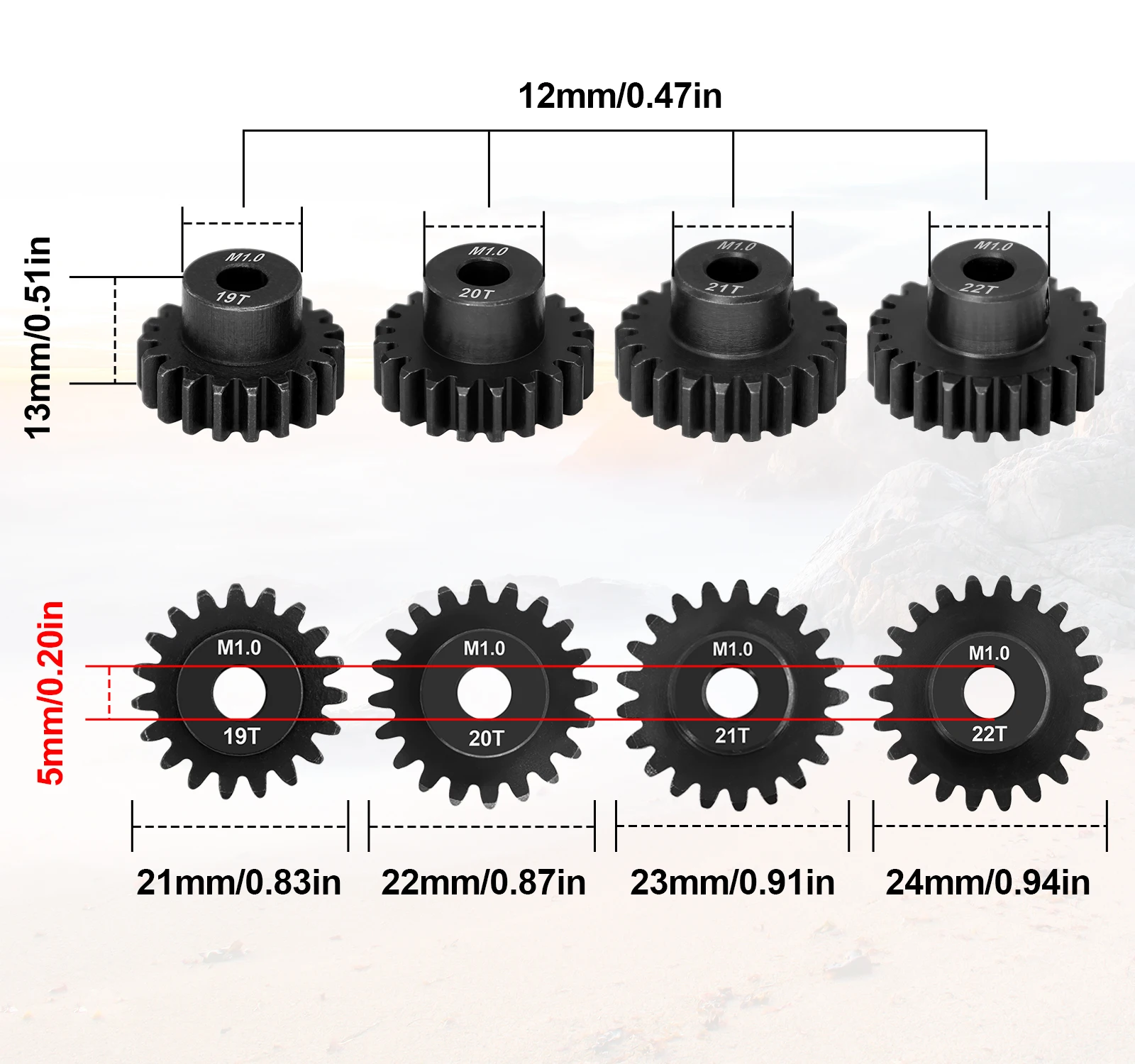 

OGRC 19T 20T 21T 22T M1 Шаг Шестерни 4 шт. Mod 1 Шестерня из закаленной стали 5 мм Набор шестерен вала двигателя для радиоуправляемого автомобиля 1/8 1/10