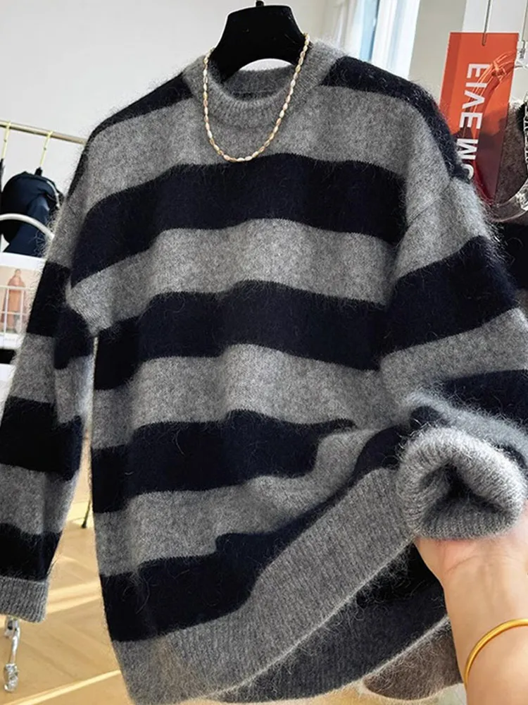

Camere Long Sve Striped Color Blo round Ne Pullover Knitwear Women Slimming Loose Fit Autumn Winter Ele Sweater