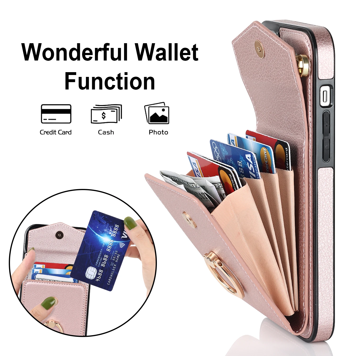 Ring Stand Crossbody Lanyard Leather Case For iPhone 16 15 14 13 12 11 Pro XS X 7 8 Plus RFID Blocking Organ Cards Holder Cover