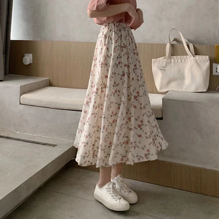 

2024 Summer Women Korean Skirt Vintage Floral Printing A-line Pleated Long Skirts Streetwear Drawstring Elastic Waist Midi Skirt