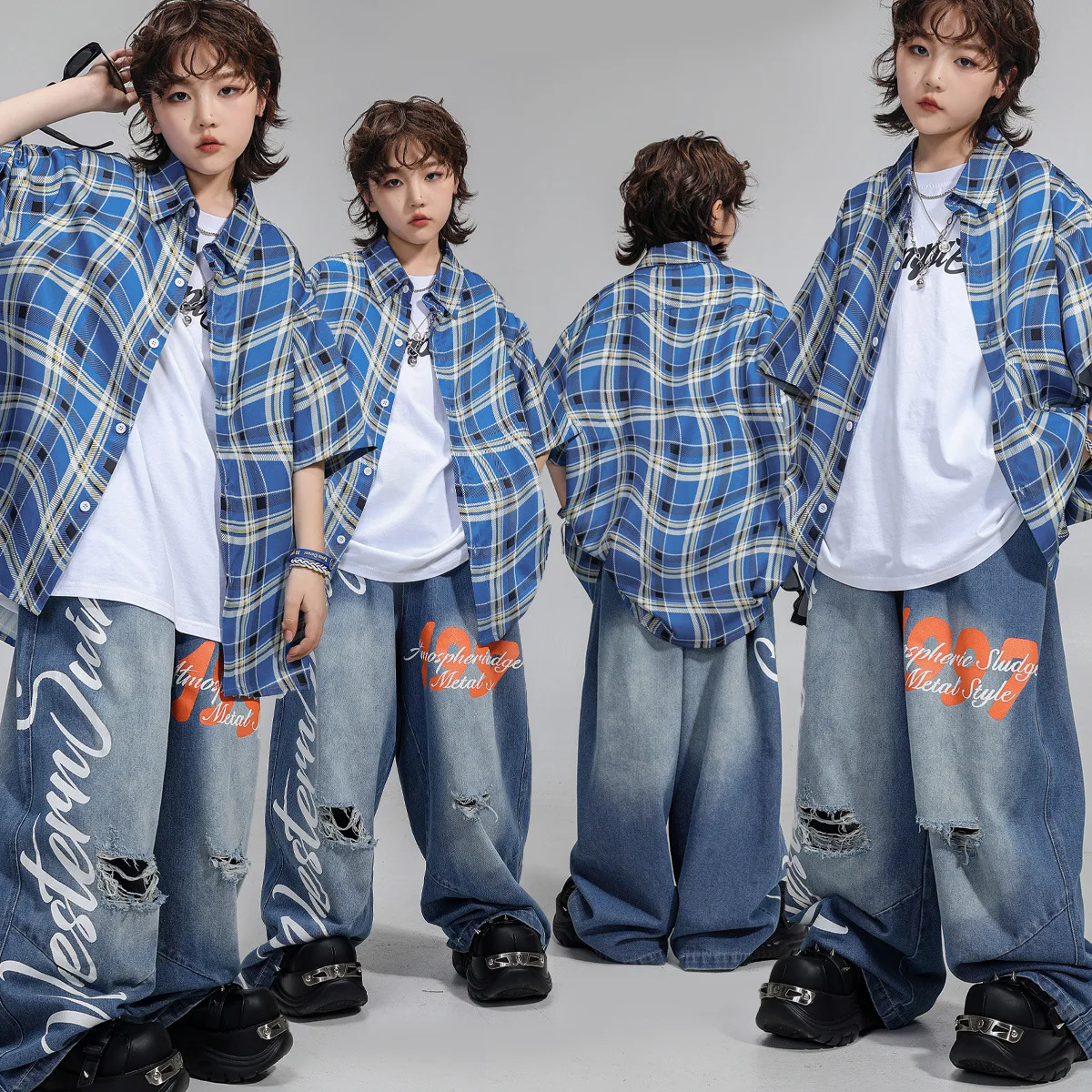 

Boys Hip Hop Dance Costumes Blue Plaid Shirt Denim Pants Modern Jazz Kpop Stage Performance Clothing Sets Teenager Street Wear