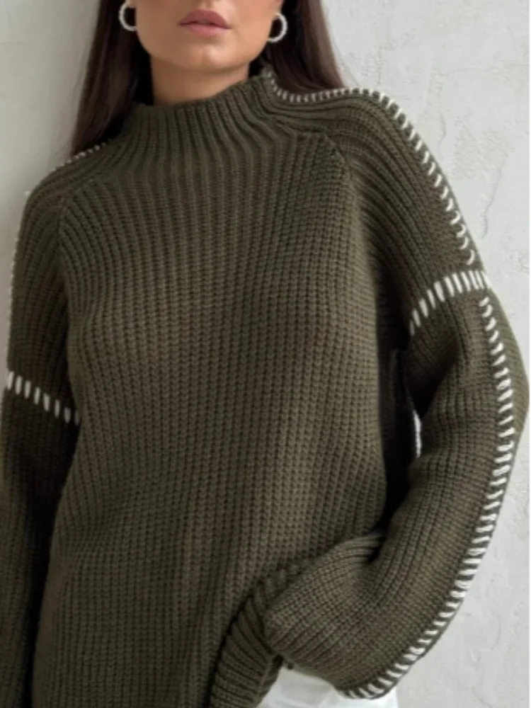 Women\'s Contrasting Turtleneck Casual Knitted Sweater Long Sleeved Loose Stitching Pullover 2024 Autumn New Lady Office Knitwear