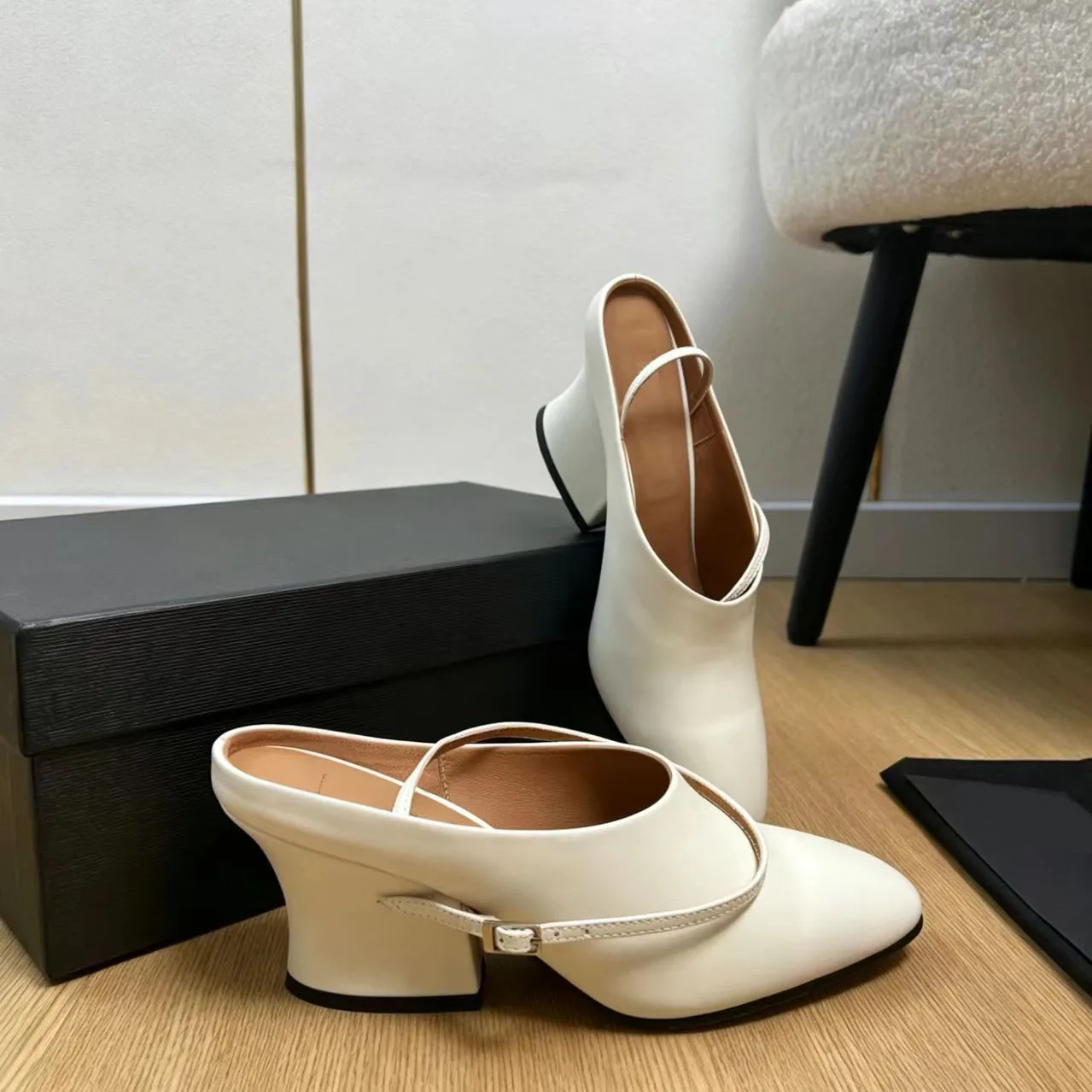 Picture 7: Women's Blue Black Leather Mules White Ankle Strap Sculpted Heel Shoes