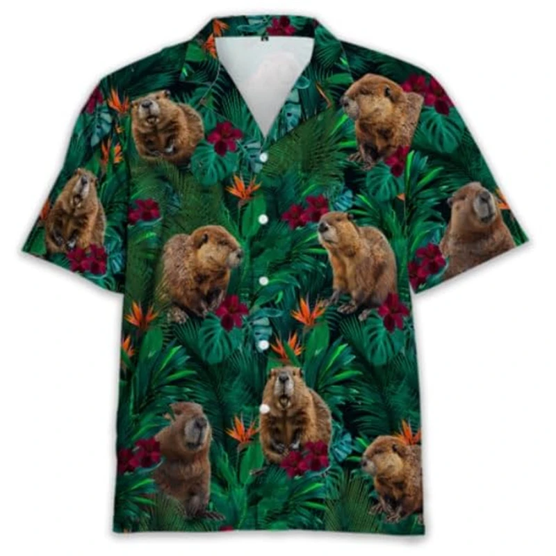 New Summer Men's Canada Full Print Hawaiian Shirt Casual Short Sleeve Button Down Shirts For Men Maple Leaf Squirrel Beach Shirt