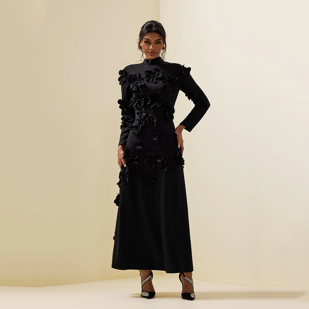 

Customized High Collar Long Evening Dresses Elegant Formal Occasion Prom Gowns Long Sleeves 2025 Ankle Length Prom Dresses