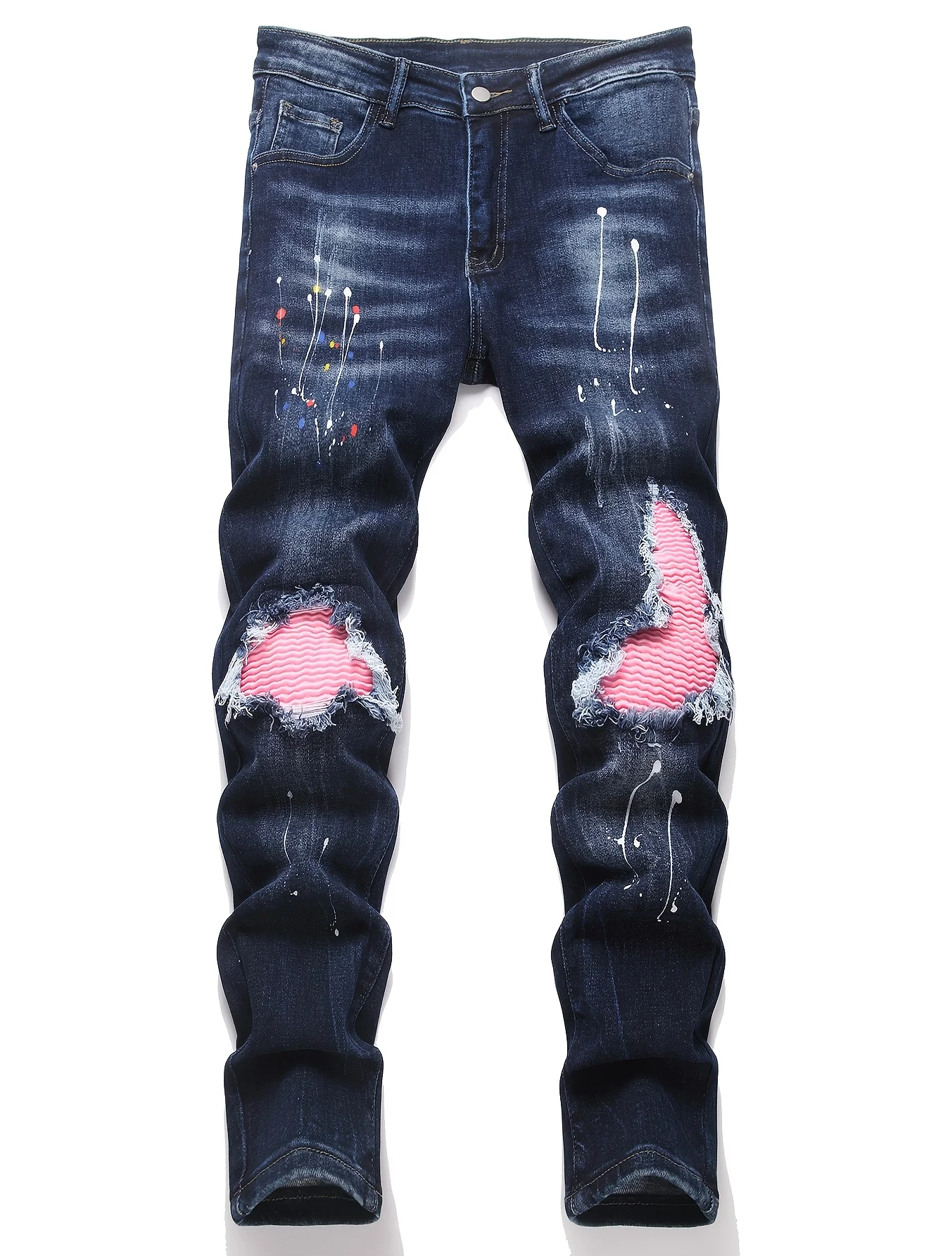 

Men Skinny High Stretch Ripped Denim Jeans for Man Casual Pants Slim Fit Biker Trousers Hole Patchwork Paint Splatter Male Jeans