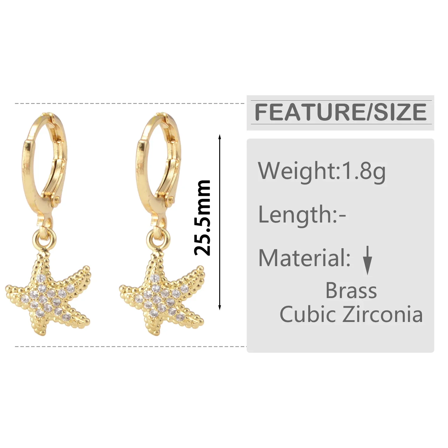 Brinco pingente de cristal zircão para homens e mulheres, brincos pendurados da estrela do mar, forma de estrela, piercing do círculo, vida marinha, 2 pares