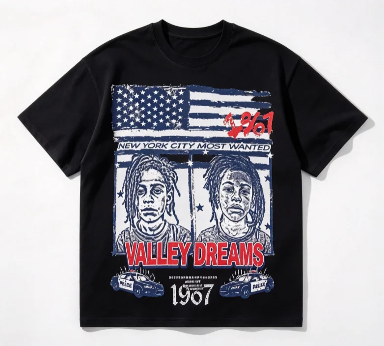 2026 new Vintage Mugshot Portrait With American Flag Graphic T Shirt Unisex Black Short Sleeve Streetwear Casual Loose Daily Top