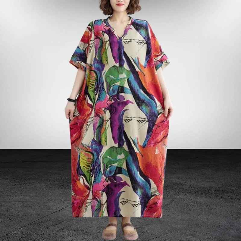 الصيف المتضخم قصيرة الأكمام القطن الكتان خمر فساتين مُزينة بنقشة الزهور المرأة عادية فضفاض ماكسي فستان صيفي طويل ملابس أنيقة