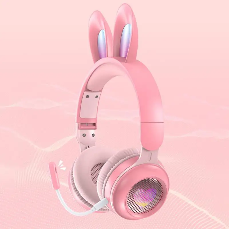 Wireless Headphones with Mic Cute Rabbits RGB LED Stereo Music Earphones, Children Phone Gaming Headset Gamer