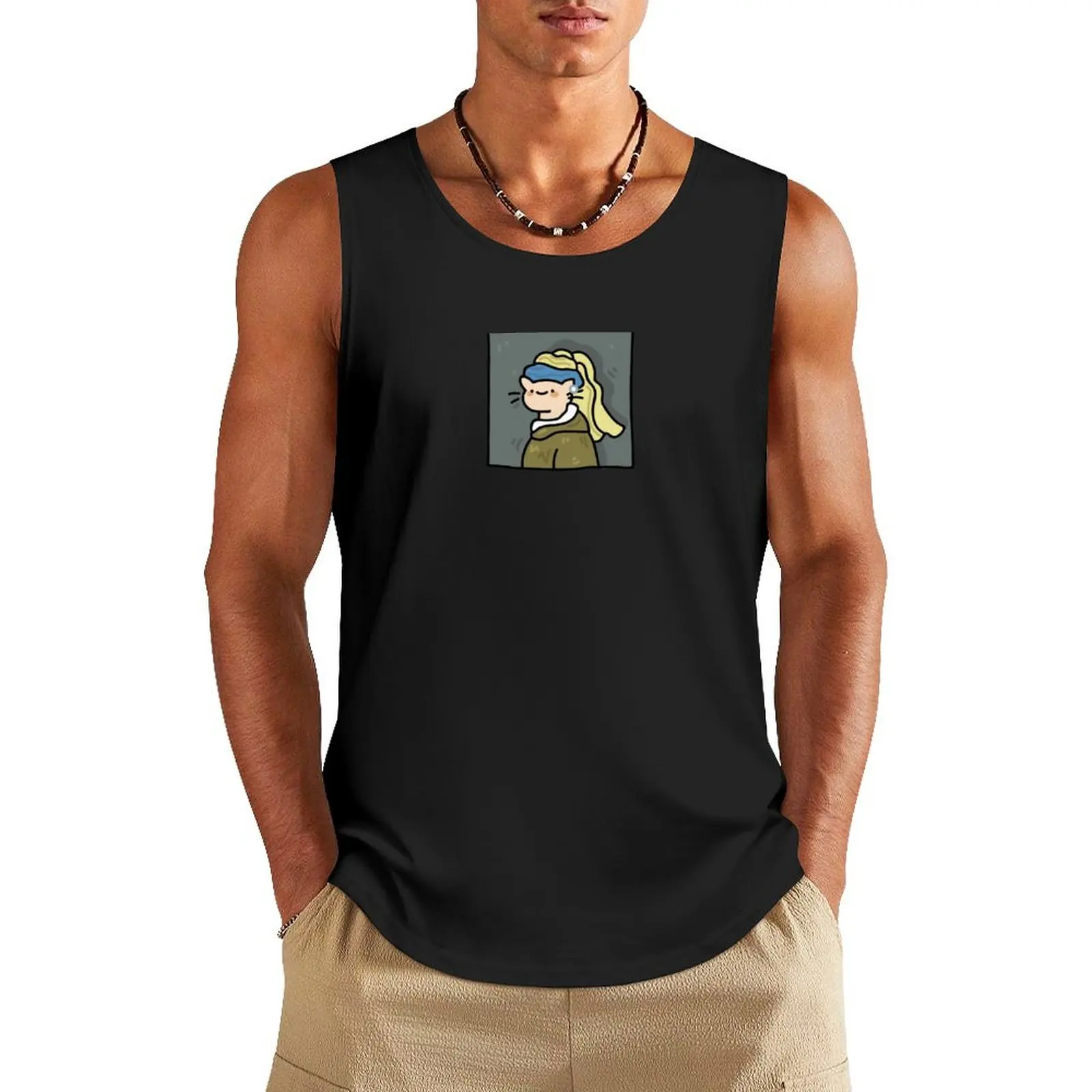 cat with pearl earring Tank Top Short sleeve gym clothes men sexy clothes men