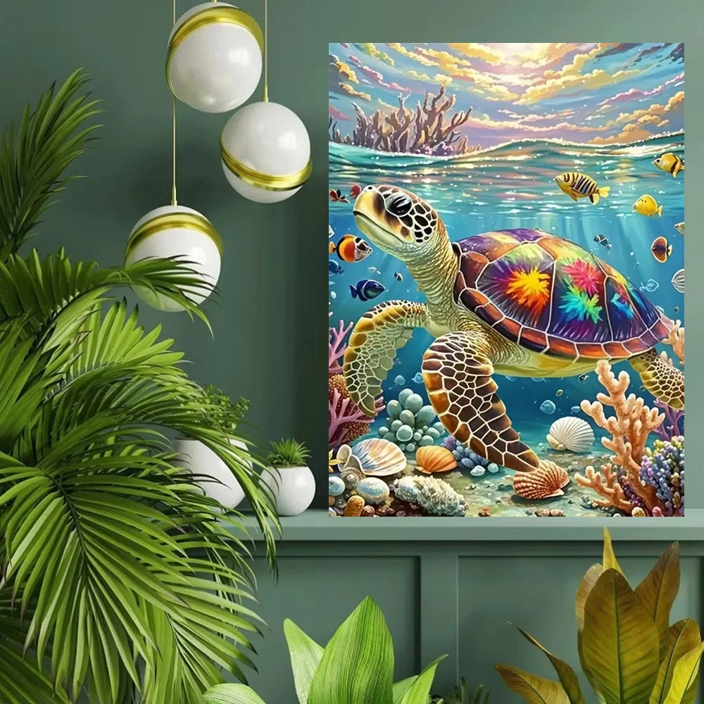 Oil Painting By Number DIY Sea Turtle Underwater Coral Reef Home Decor Modern Wall Decor for Living Room Bedroom Perfect Gift