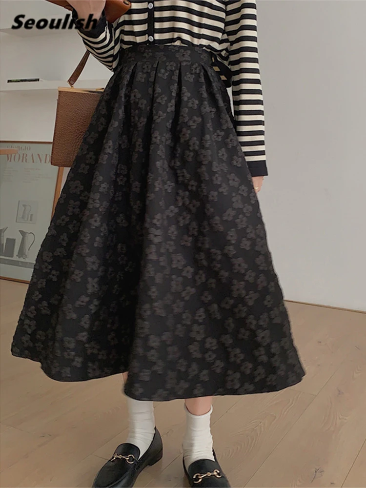 Seoulish 2022 New High Waist Jacquard Women's Mi-long Skirts Spring Summer Minimalism Vintage Female Umbrella A-Line Skirts