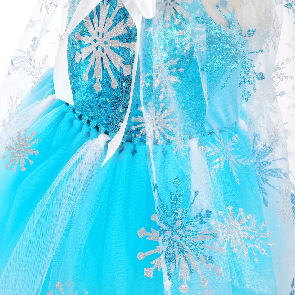 Skyblue Sequins Elsa Princess Dress Up Costume for Girls Snow Queen Ballet Tutus with Cloak Crown Kids Christmas New Year Outfit