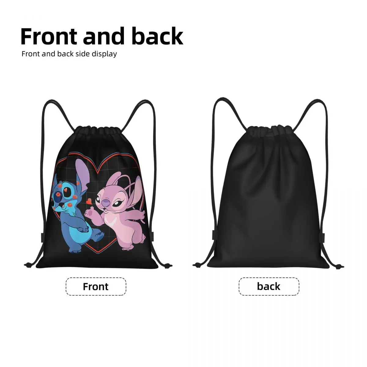 Custom Stitch Lilo Angel Heart Kisses Drawstring Backpack Sports Gym Bag for Men Women Shopping Sackpack