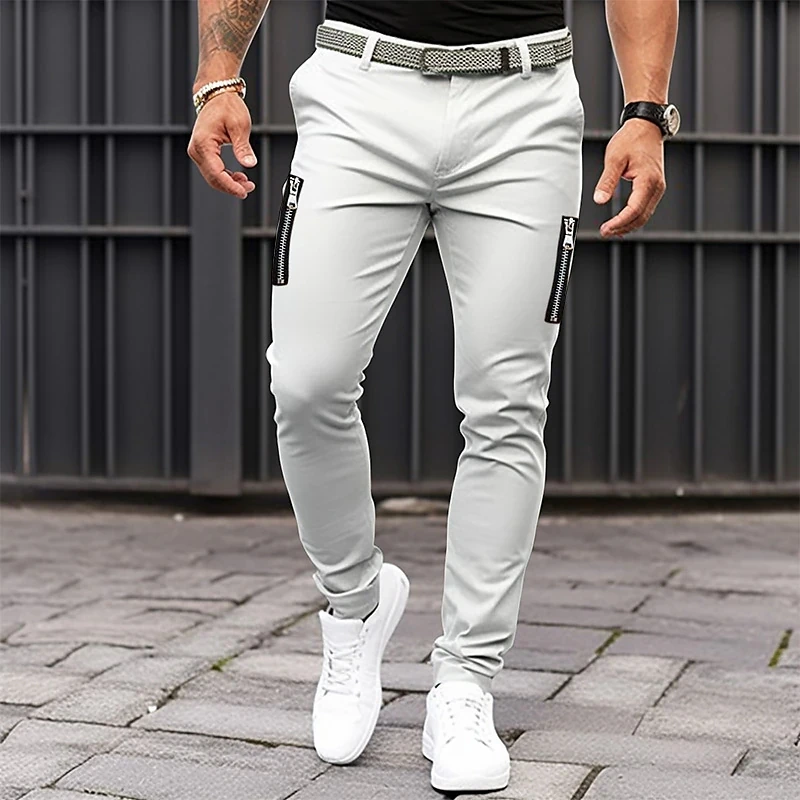 Men\'s Fashion Slim Fit Hip Hop Pants All Seasons Cotton Cool Casual Sports Pants Street Zipper Decoration Straight Leg Pants