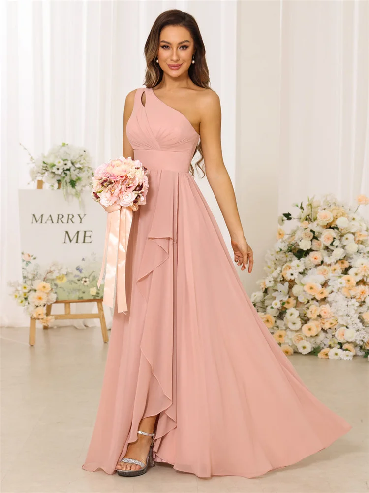 

New Product One Shoulder Neckline Silk Satin A-Line Bridesmaid Dress Elegant Zipper Back Floor Length Gown For Wedding Guests