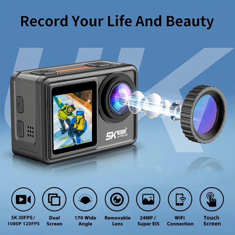 

LUOSI Action Camera 5K 30FPS 48MP Ultra HD Waterproof Camera Underwater with Gyro Stabilization Front LCD and Touch Rear Screen