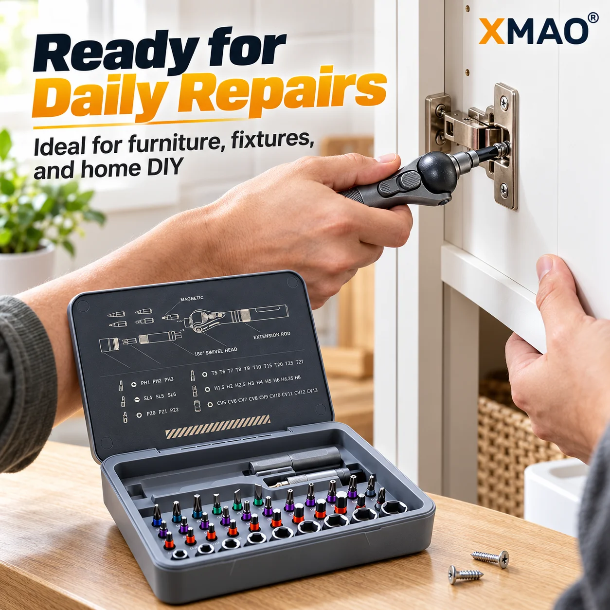 XMAO 40PCS Ratchet Screwdriver Tool Set 180° Swivel Head 28 S2 Bits 9 Sockets Magnetic Driver Kit for Home DIY Maintenance