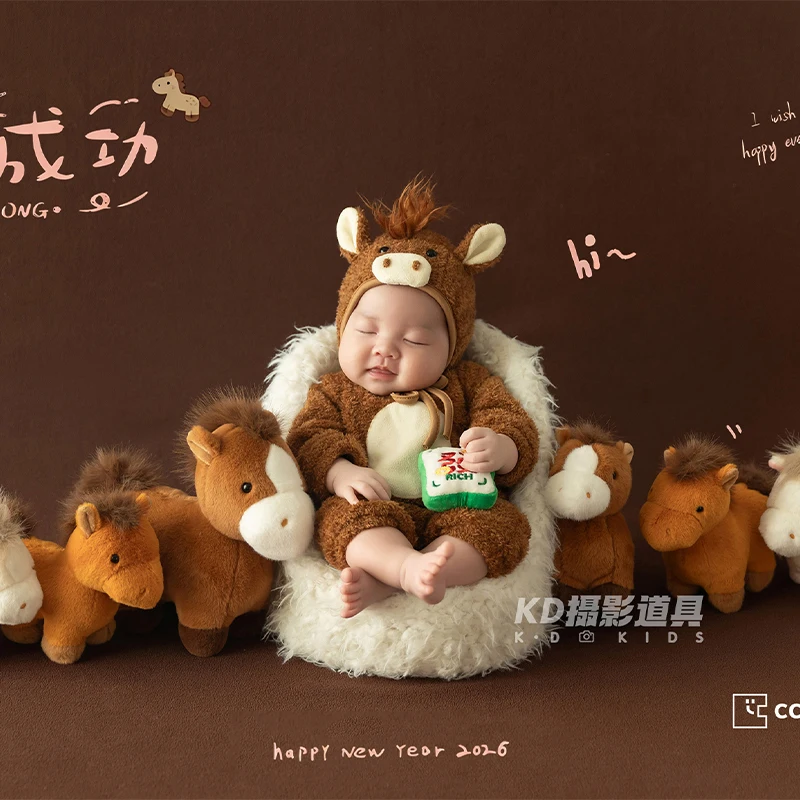 0-1 Month Baby Costume Newborn Photography Prop Soft Pony Hat+Long Sleeve Romper Horse Plushies 6pcs Studio Photoshoot Accessory