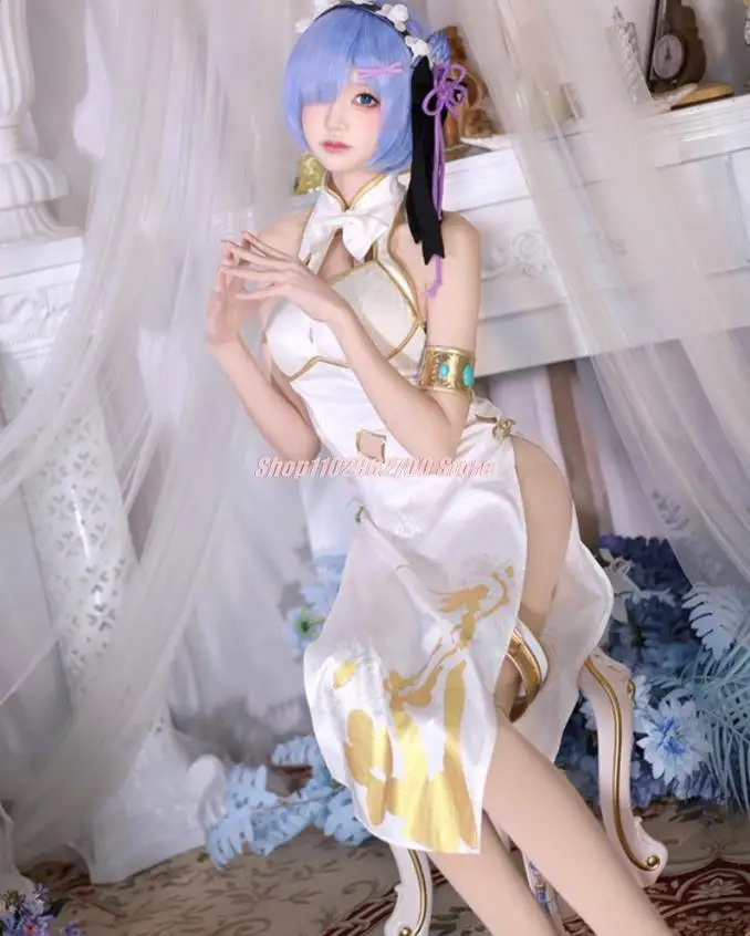 Rem Cosplay Anime Re Zero Rem Graceful Beauty Cheongsam Costume Re: Starting Life In A Different World Fancy Chinese Dress Wig