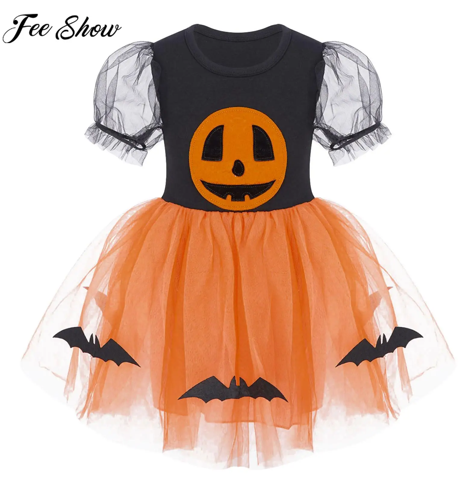 Vestido de calabaza de Halloween para niñas, tutú de malla de tul con estampado de murciélago Cushaw de manga corta, ropa de Cosplay para fiesta temática de Halloween