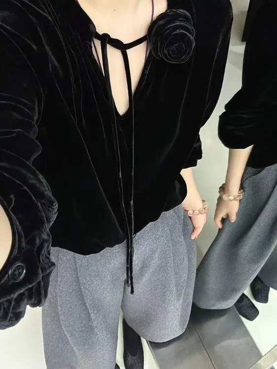 

Velvet Belted Long Sleeve Shirt Women's Dark Style Floral Hollow out Decoration Slimming Top Autumn New Arrival