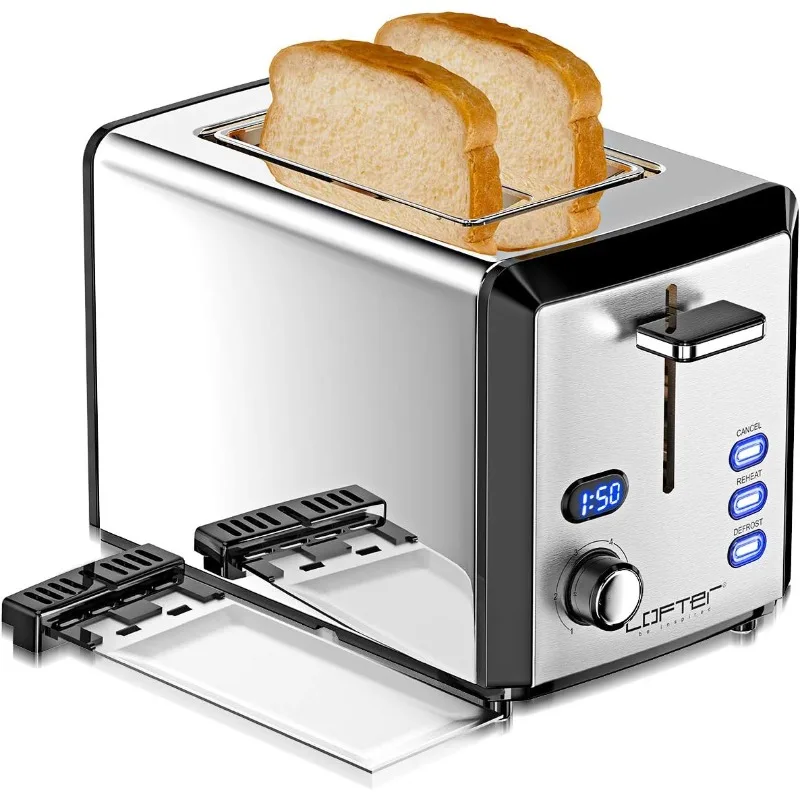 

2 Slice Stainless Steel Toaster, Extra Wide Slots, 6 Shade Settings,with LED Display, Removable Crumb Tray