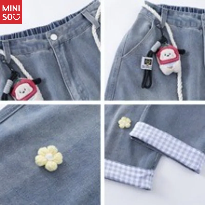 Miniso الأمريكية الرجعية انفصال الرباط الأزهار التطريز مستقيم الساق السراويل للجنسين فضفاض الكلب قلادة واسعة الساق #4