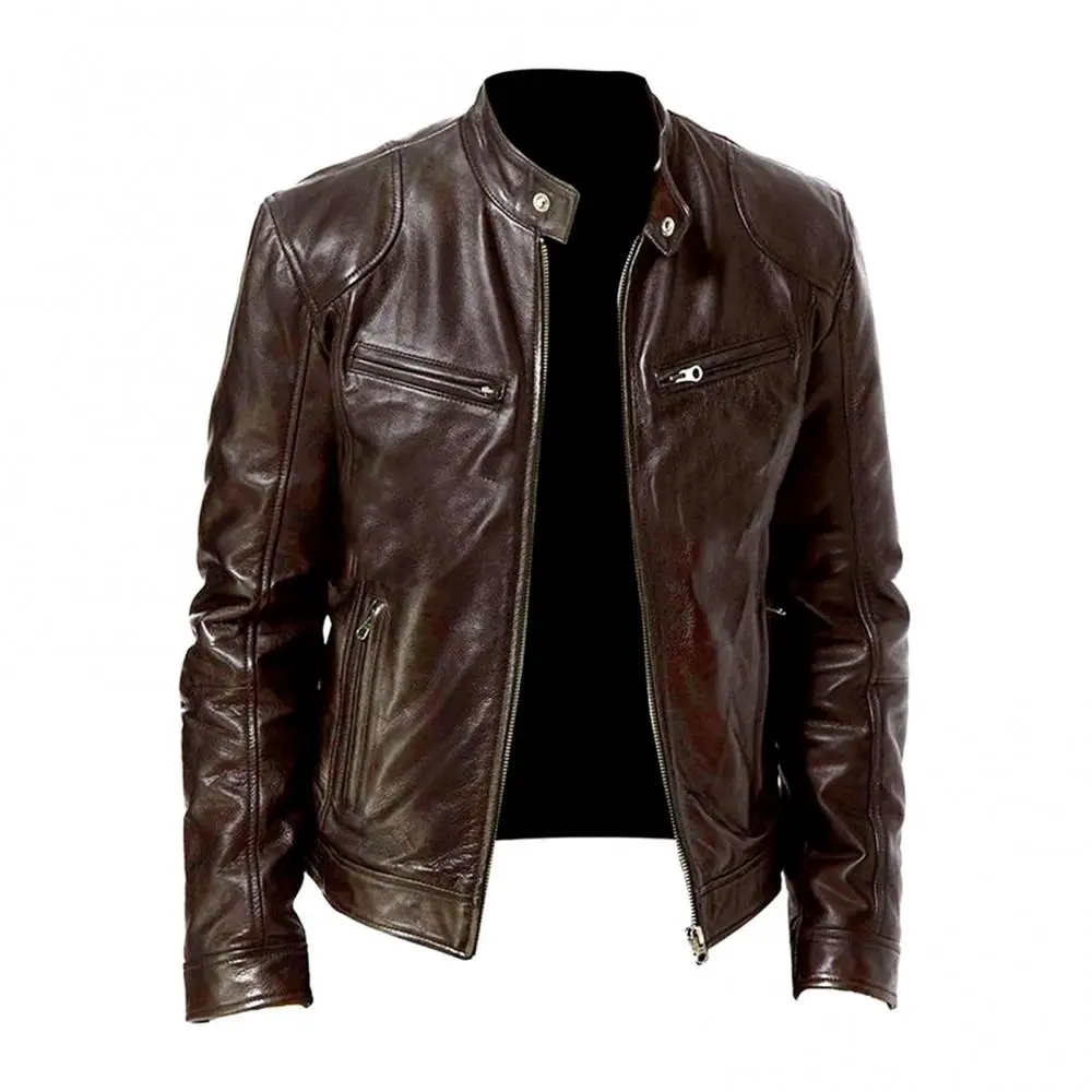 

Long Sleeve Jacket Faux Leather Chic Men Autumn Stand Collar Zipper Motorcycle Jacket