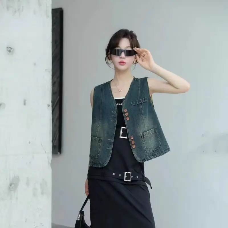 Hong Kong Denim Jacket Vest Women's Clothing Retro Versatile Top Female Jeans Coat Sleeveless Waistcoat Chalecos Para Mujer