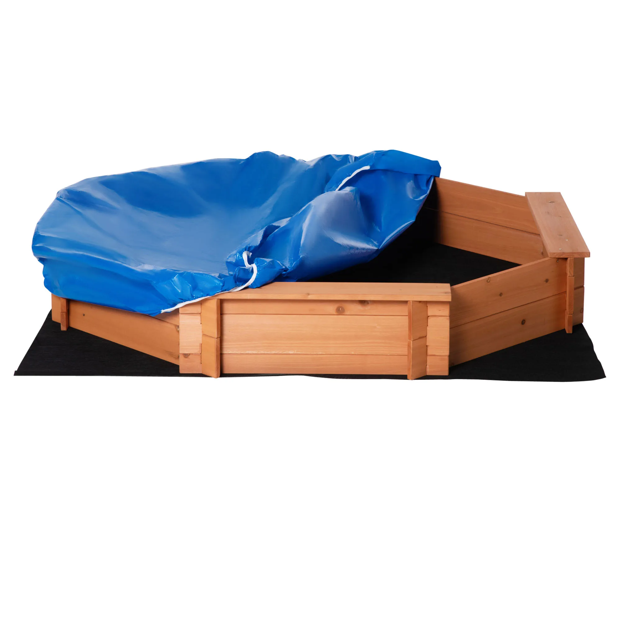 Outsunny Bac à sable en bois massif, octogonal,140 x 140 x 21,5 cm, 4 bancs avec bâche de couverture et sol non tissé, protection UV, facile à installer, jeux extérieur enfant, orange