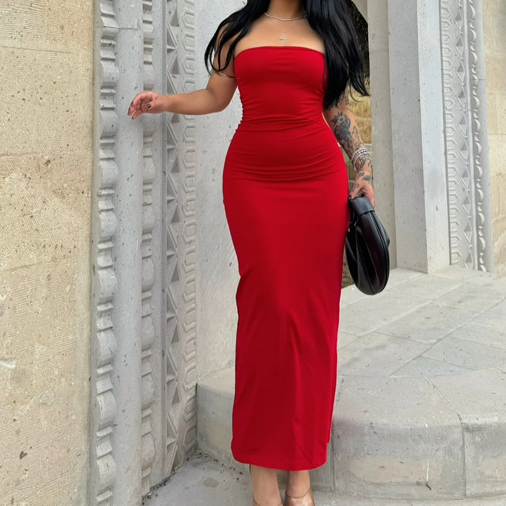 

Customized Modern Strapless Back Slit Pleats Prom Gowns Fashion Straight Jersey Custom Size Party Gowns فساتين سهره نسائيه فخمة