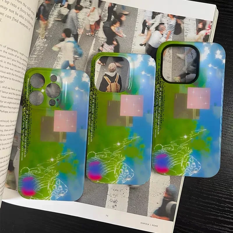 Blue Green Contrasting Illustration Phone Case for IPHONE 17 Air 16E 15 PROMAX 14 Plus 13 12 MINI 11 XR XS Acrylic Phone Cover