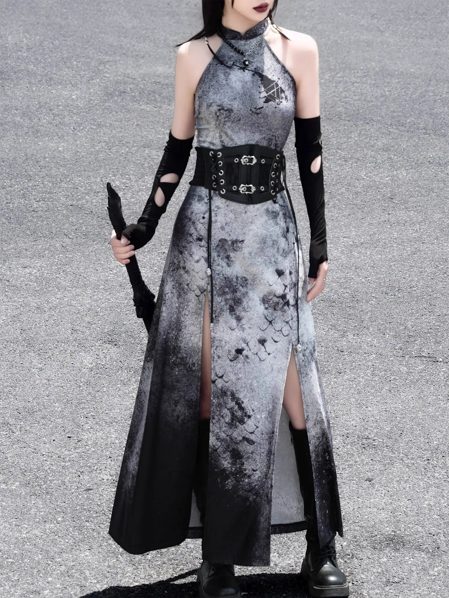 

New Chinese Style Dark Grey Wasteland Front Fork Cheongsam Skirt Hottie Serpentine Dress Fiesta Carnival Halloween Cos Cosplay