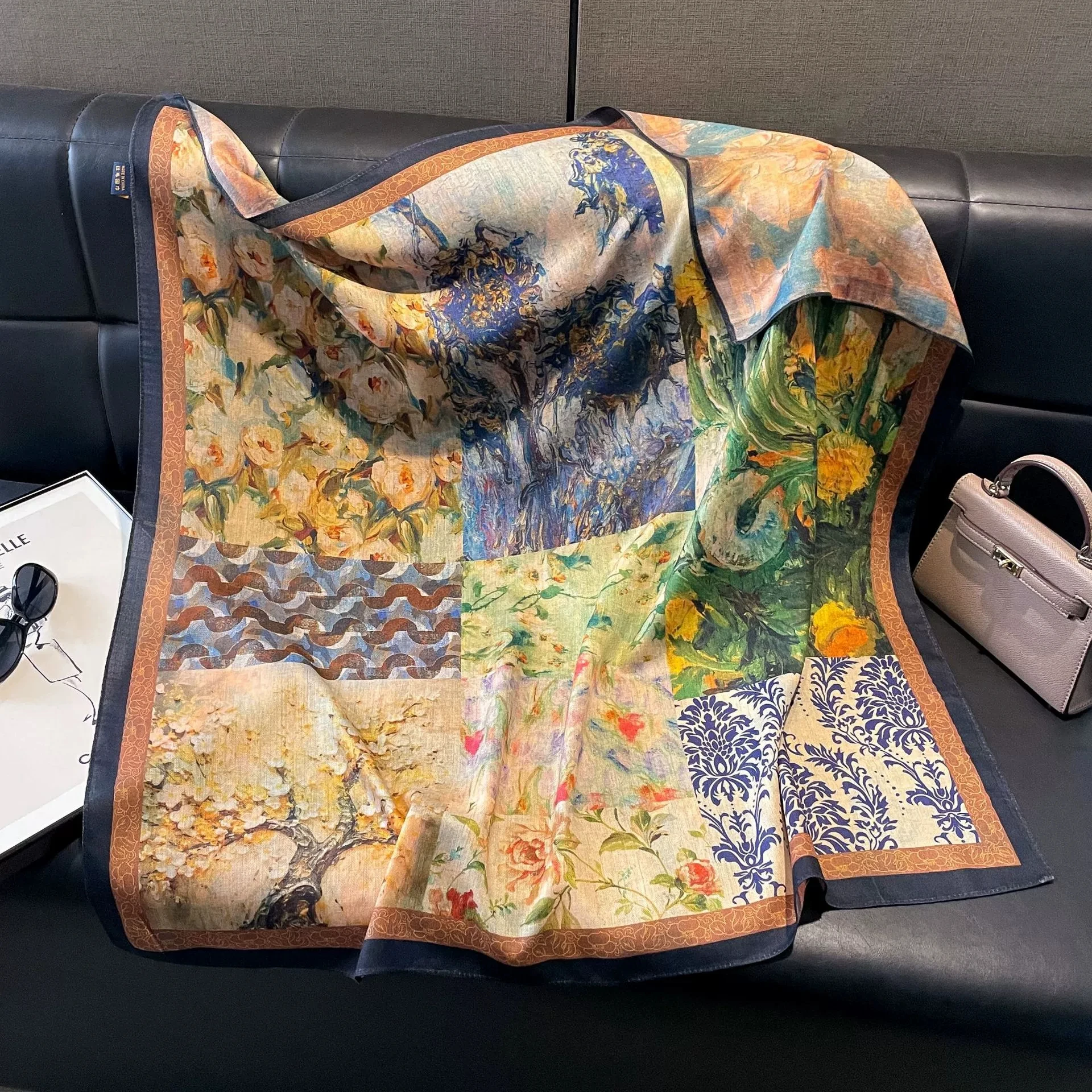 Double-sided Faux Silk and Wool Printed Scarf for Women Spring and Autumn 90cm Square Scarf Foulard Bandana Femmel Headscarf