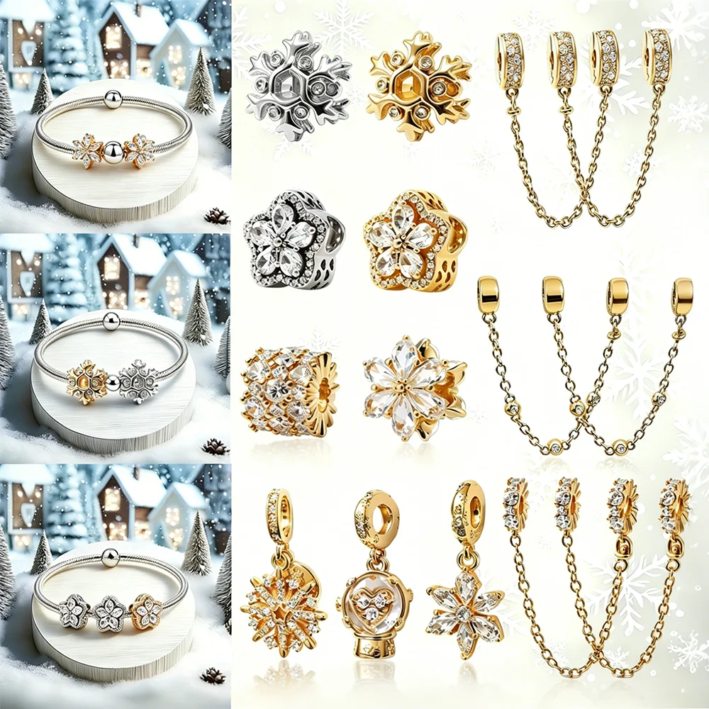 

DIY Золотой/Серебряный Уникальный Изящный Блестящий Шикарный Шарм-Бусина «Ледяной Кристалл» с Защитной Цепочкой для Оригинального Браслета «Змеиная Кость» – Ювелирный Подарок