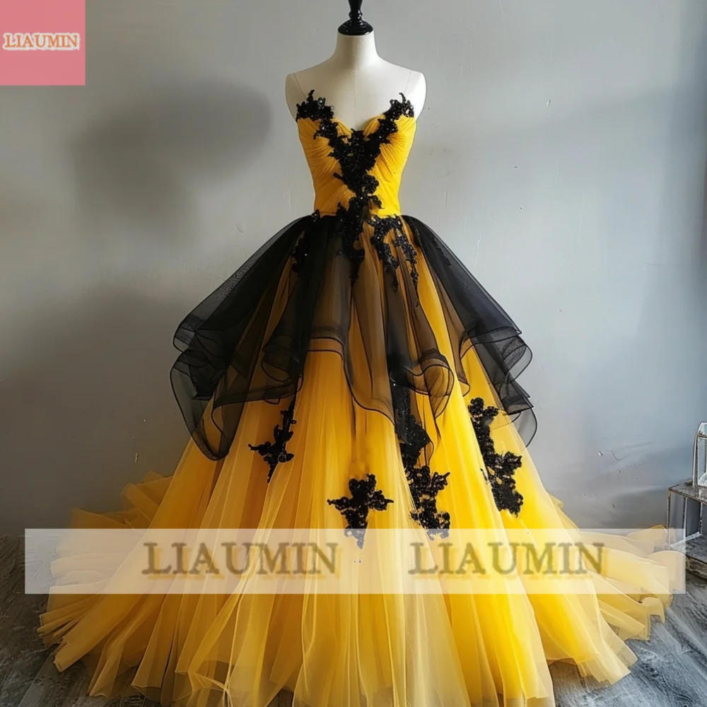 Yellow Tulle And Black Applique Ball Gown Strapless Full Length Lace Up Back Evening Formal Occasion Party Prom Dress W14-31