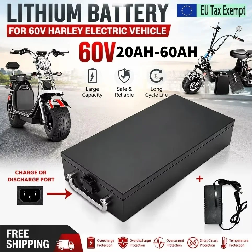 LIDIKALA Neuer 60V 20Ah-60Ah Wiederaufladbarer Lithium-Akku für E-Motorräder mit BMS, passend für 2000W Motor Harley-Style Faltbarer Citycoco Zweirad-Roller Ersatzakku + Gratis Ladegerät