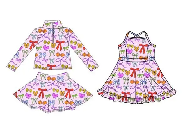 

Fashion Toddler Girl Colorful Bow Print Outfit Long Sleeve Top With Skirt Set Boutique Cute Casual Crisscross Strap Dress